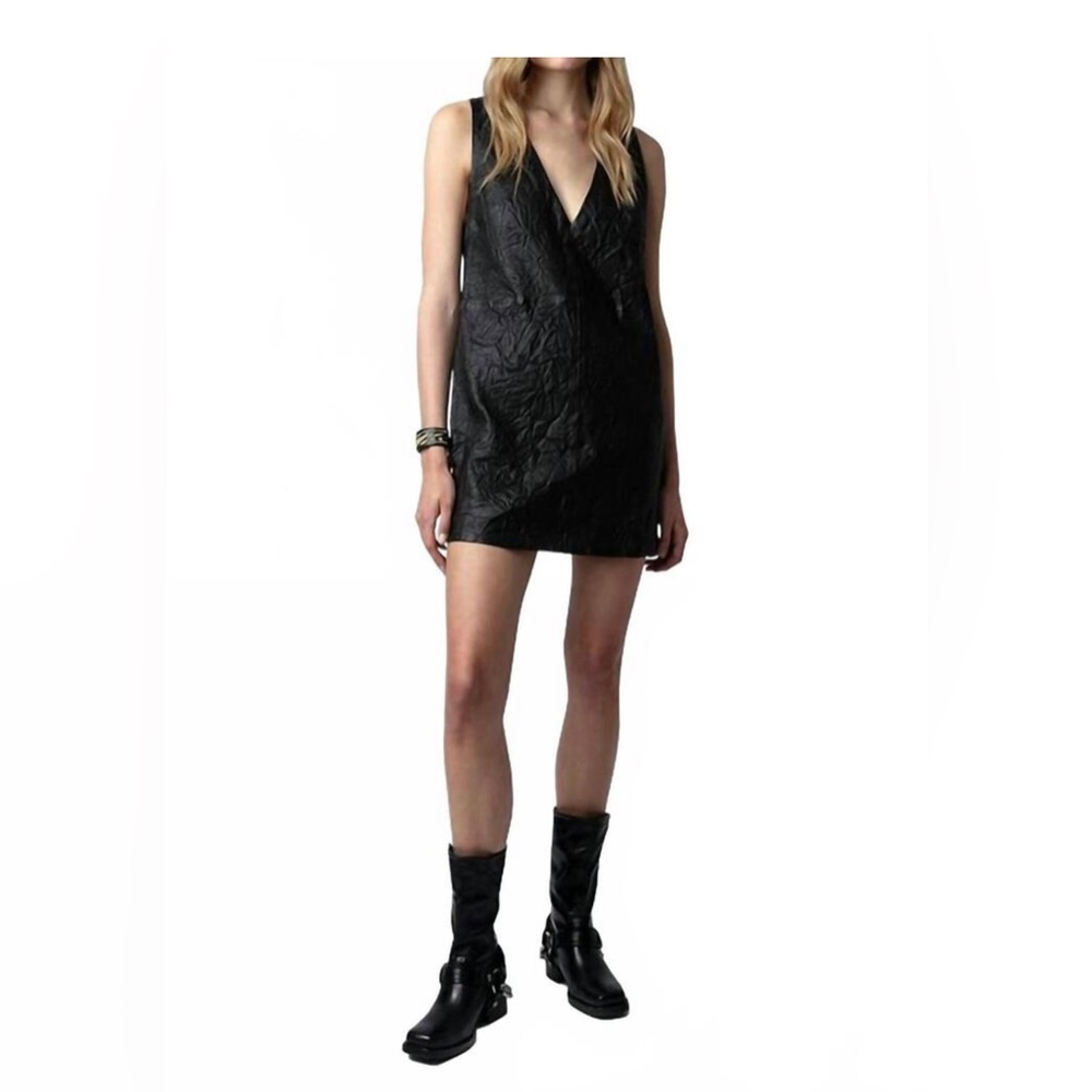Zadig & Voltaire Black Rasha Cuir froisseSleeveless V-Neck Mini Dress Lambskin